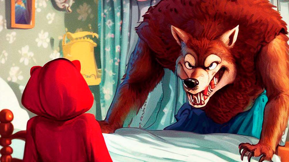Caperucita Roja encontrando al lobo feroz en la casa de su abuelita