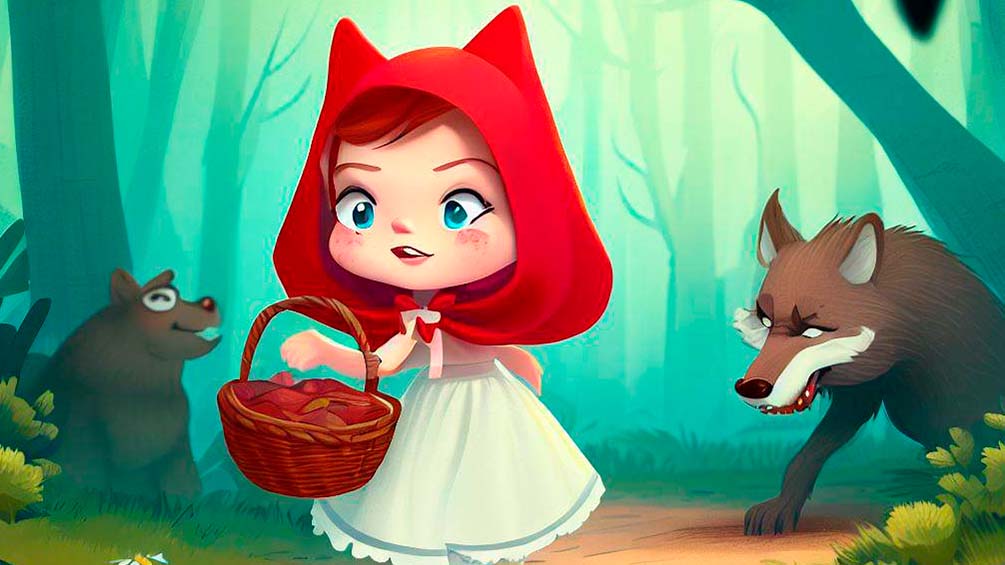 Caperucita Roja encontrándose con el lobo feroz en el bosque