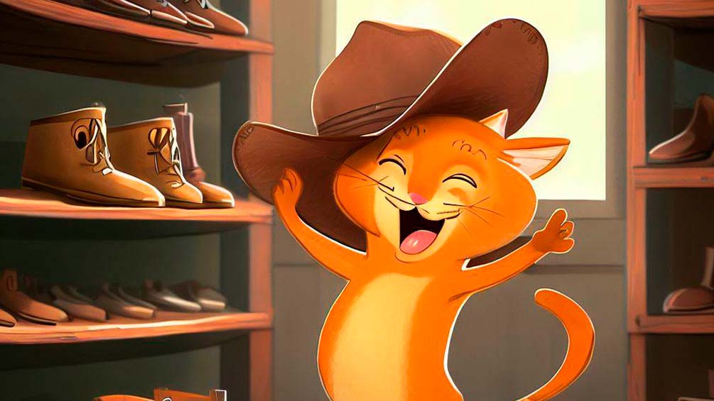 El gato con botas feliz recibiendo sus zapatos y su sombrero