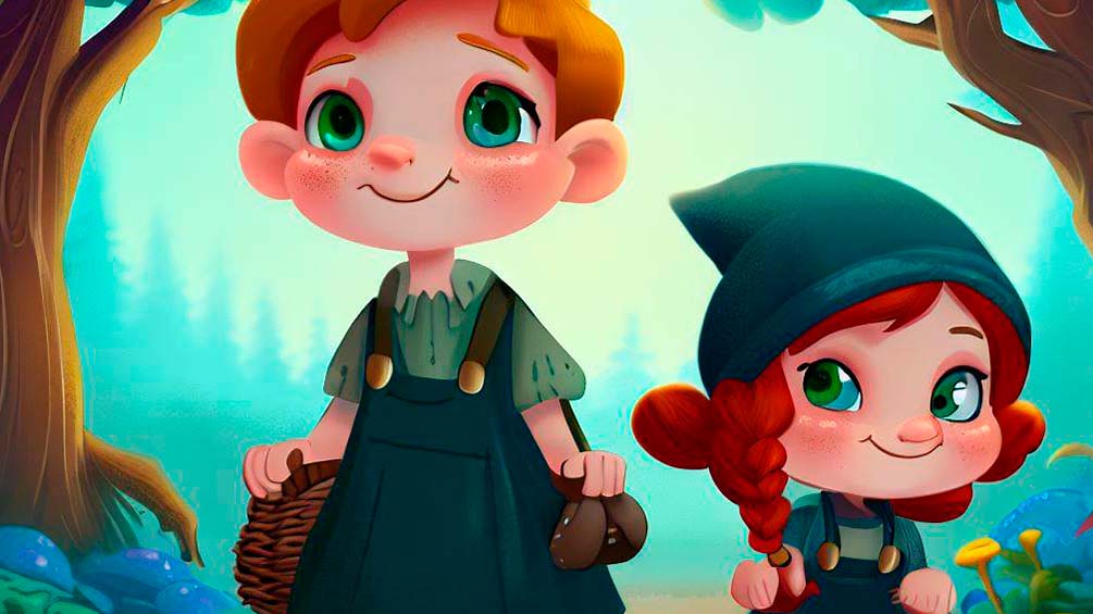 Hansel y Gretel regresando a su casa luego de haber sido perdidos en el bosque