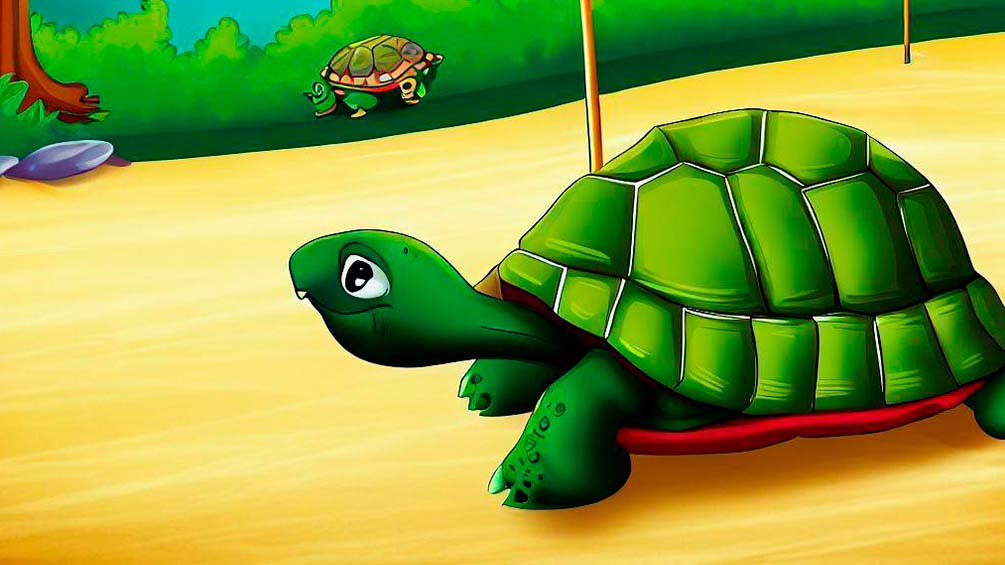 La tortuga cruza la línea de meta y gana la carrera